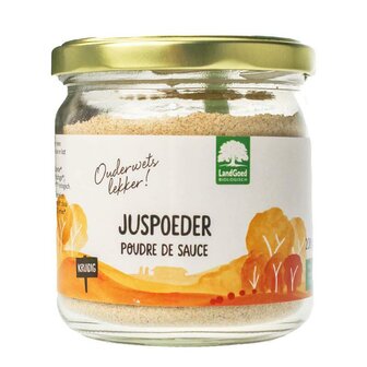 Biologisch juspoeder in glazen potje